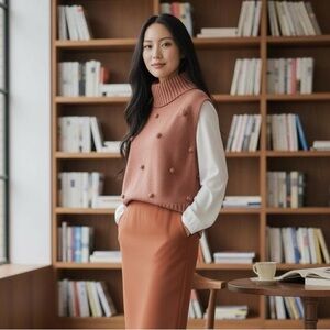 Roolee Burnt Orange Knit Vest with Pom-Poms Vintage turtleneck sleeveless xl
